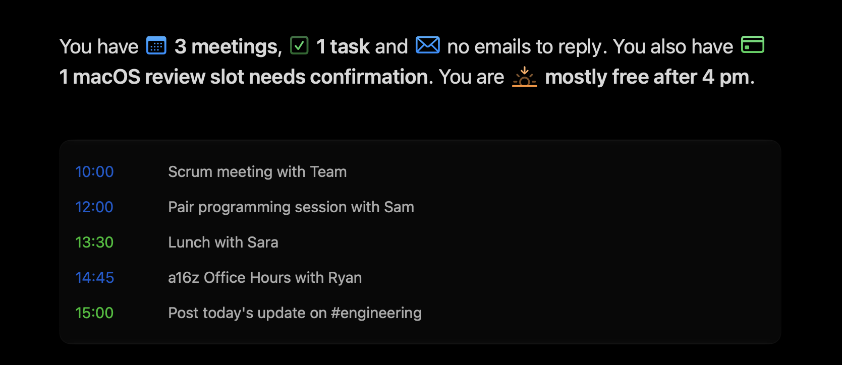 Morning brief with meetings, a task, and the day’s agenda