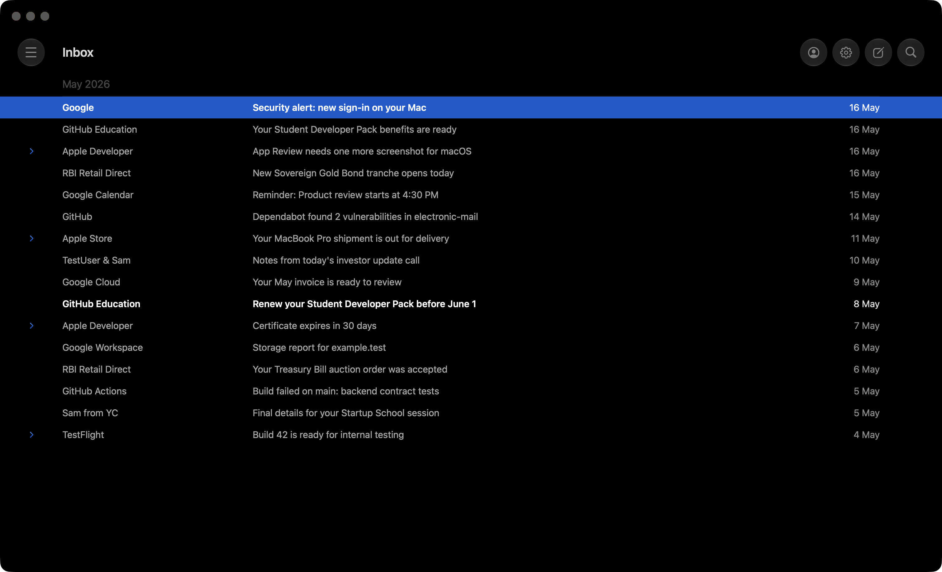 Electronic Mail inbox: one row per conversation with sender, subject, and date
