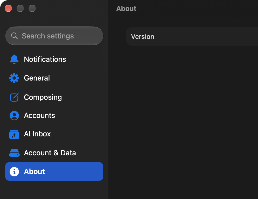 Settings sidebar: Notifications, General, Composing, Accounts, AI Inbox